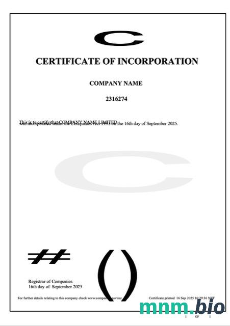 Nowa Zelandia certyfikat inkorporacji Word i PDF szablon, Wersja 2